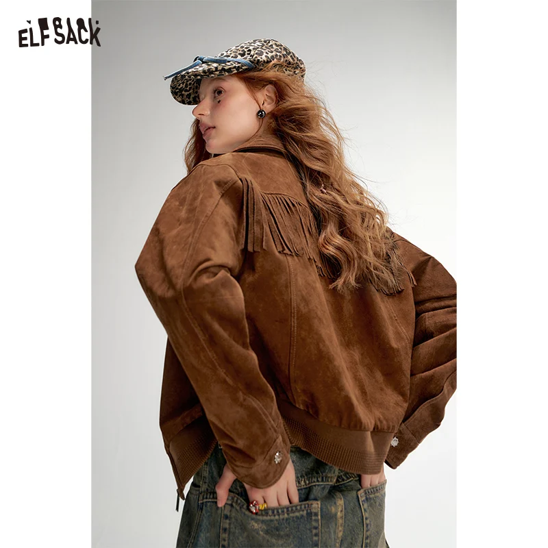 ELFSACK-Veste courte marron rétro pour femme, style américain avec frange et design clouté, nouveautés, automne 2024