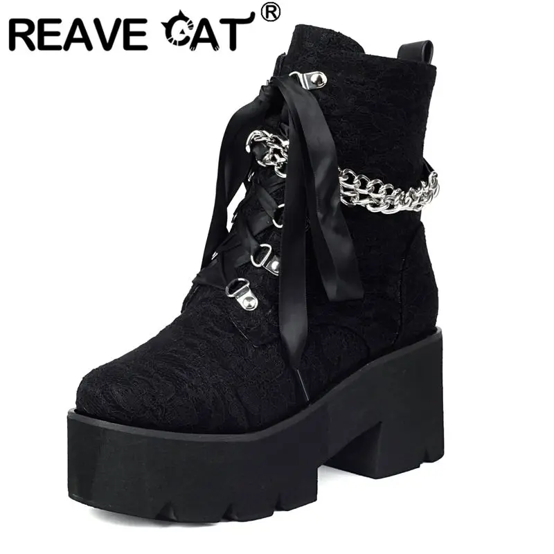 

REAVE CAT Женские ботильоны с круглым носком на блочном каблуке 7 см на платформе с холмом 4,5 см на шнуровке с металлическим декором 41 42 43 Casual Bota