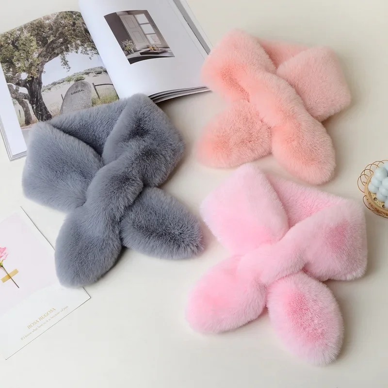 

1 шт., женский зимний теплый утепленный шарф с перекрестным воротником, однотонный плюшевый шарф из искусственного кроличьего меха, шейный платок, утеплитель для шеи