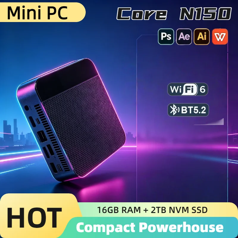 

Intel N150 Mini PC Triple 4K Output 16GB DDR4 512GB M.2 NVMe SSD WiFi6 Silent Cooling Office Home Desktop Pro Ultra Fast Max