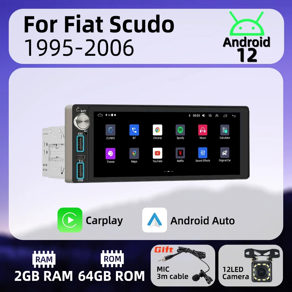 

Wireless Carplay Autoradio 6.86" 1Din Radio Android Car Multimedia for Fiat Scudo 1995-2006 Stereo Head Unit GPS Navigation BT