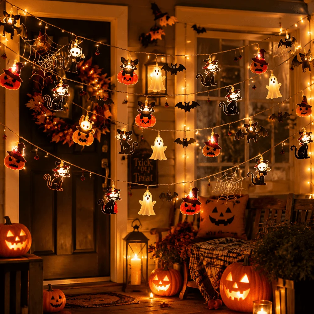 Hanging Decorations Bat Witch Halloween Light String Pumpkin Ghost Party Decoration Ornaments Funny Lamp String Wall Decor