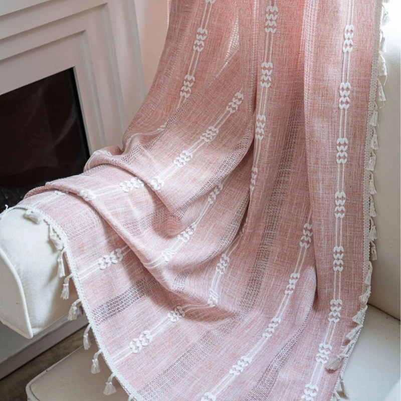 American Style Pink Striped Embroidered Tassel Finished Curtains Semi Shading Hollowed Out Kitchen Living Room Window Curtain
