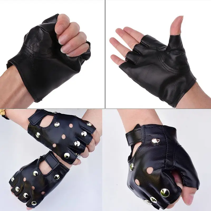 Unisex Fingerless Driving Faux Leather Gloves Motor Cool Studs Sexy Disco Dancing Rock and Roll Black Half Finger Mitten