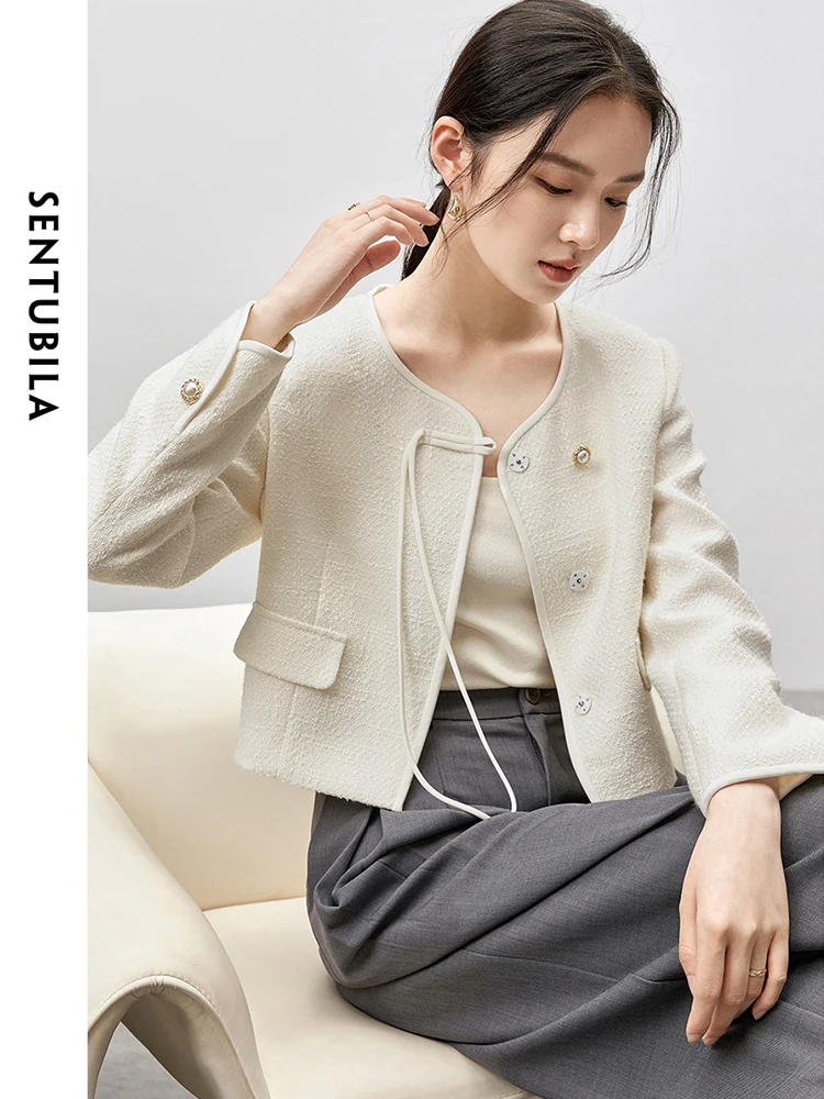 SENTUBILA Women Texture Tweed Jackets  2024 Autumn Round Neck Long Sleeve Pearl Single Breasted Elegant  Coat 143W55895