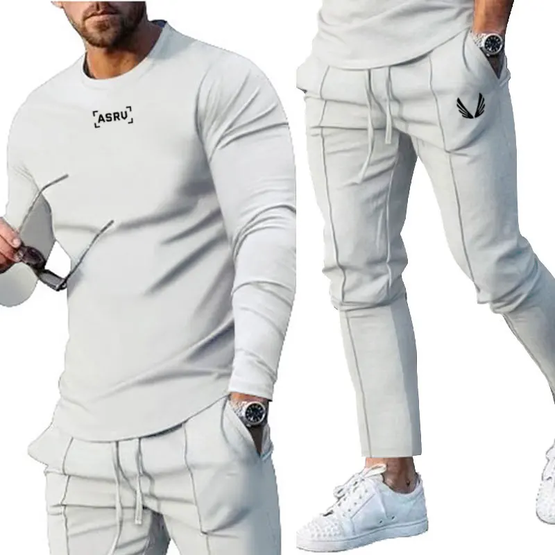 2024New Men\'s Clothing Gym Activewear American Fashion Brand Long Sleeve T-shirt And Pants Two Sets Of Fitness Training Clothing