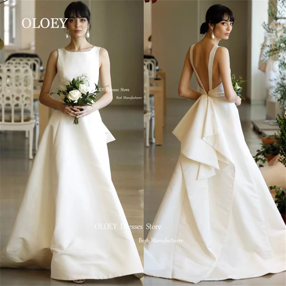 Oloey elegante Satin Brautkleider o Hals boden lang rücken frei Brautkleid Robe de Ehe Reiß verschluss zurück ärmel los nach Maß