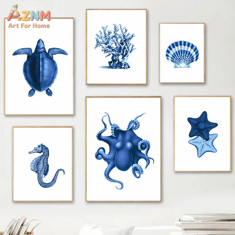 AZNM Blue Ocean Creature Canvas Print Turtle Octopus Seahorse Starfish Coral Shell Minimalist Marine Animal White Background Wal