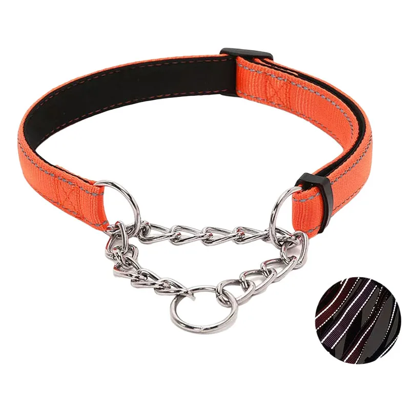 Large Dog Slip Collar adjustable Slip Dog Collar Stainless steel Chain Slip Collar diving cloth lining big Dog Collar Reflective