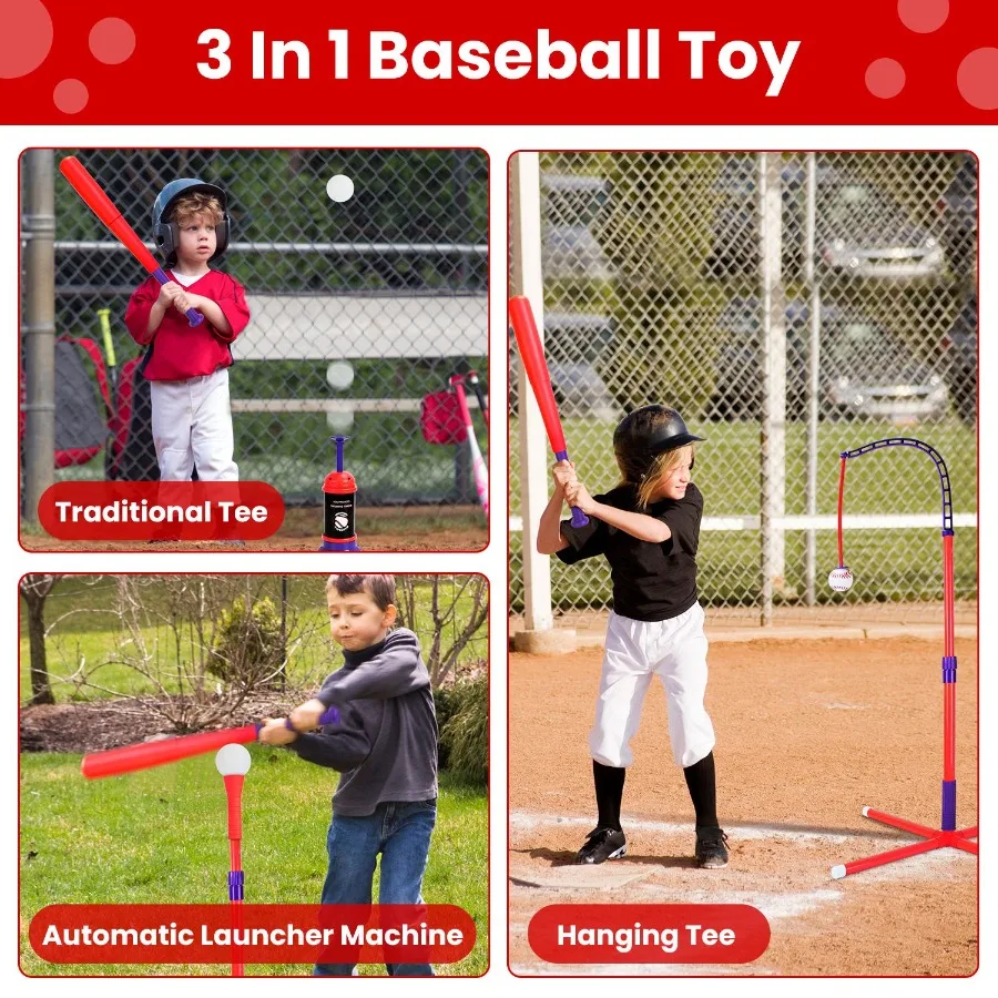 3-in-1 honkbalspeelgoedset voor 35 jaar en peuters, inclusief T-balstandaard, hangend T-stuk, automatische balwerper met verstelbaar