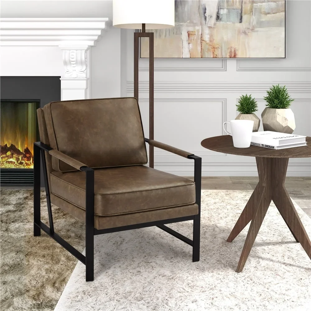 

Mid-Century Modern Accent Chair Faux Leather Upholstered Comfortable Armchair with Metal Frame Easy Assembly Living Room Bedroom
