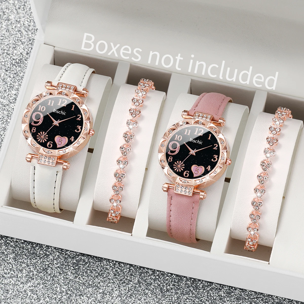 Montre à quartz en cuir avec bracelet en diamant d'amour pour femme, cadran romantique, mode, ensemble de 4 pièces