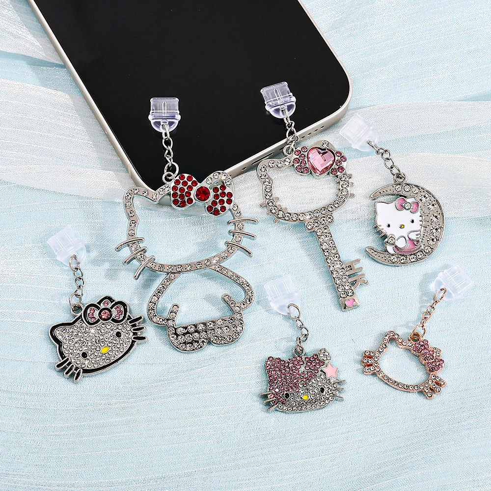 الكرتون مرحبا كيتي حجر الراين الهاتف الغبار التوصيل بلينغ كريستال سماعة جاك سحر مكافحة الغبار التوصيل للفتيات النساء ملحقات الهاتف