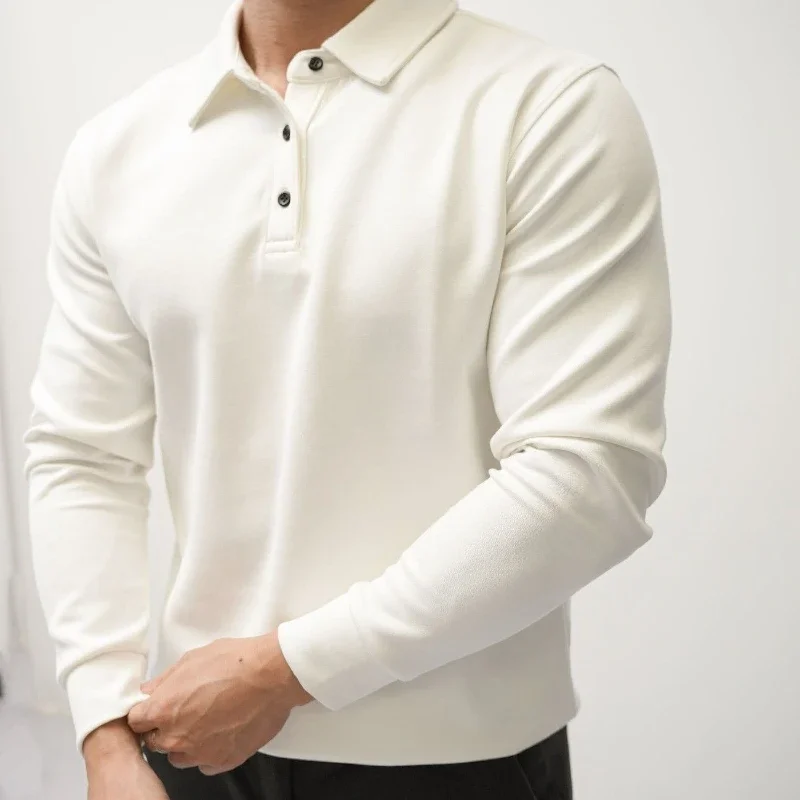 Mens Pure Color Collared Polo Long Sleeve Tee Business Leisure Basic FW Upper