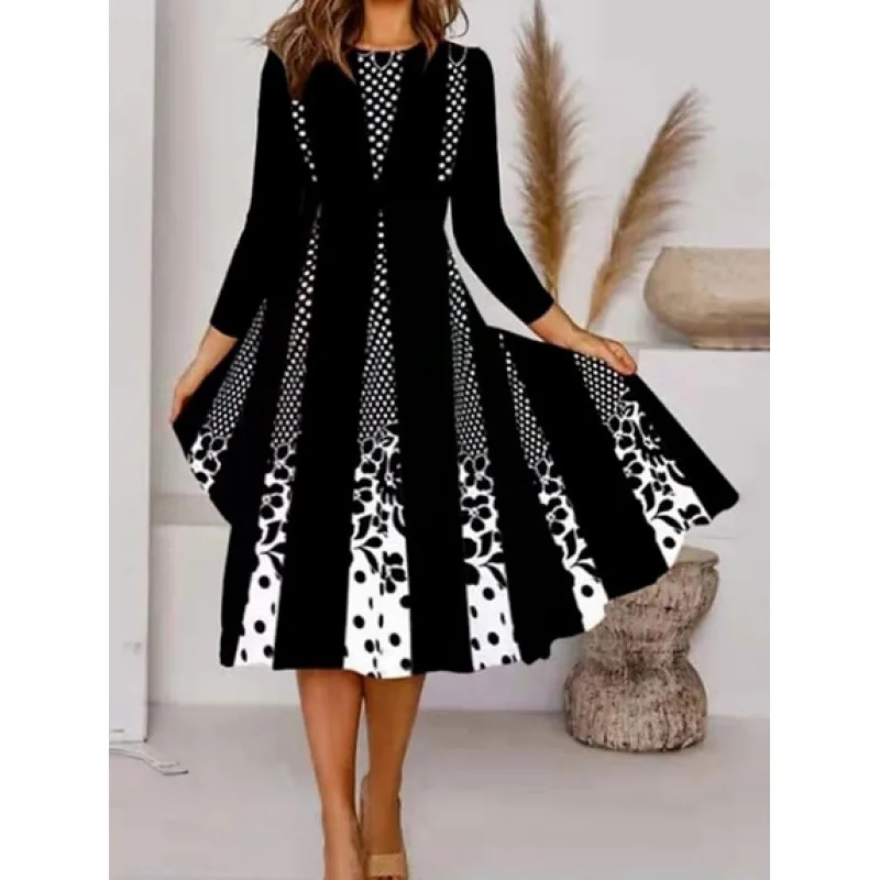 

Ladies' printed round-neck mid-long-sleeved dress, round-neck fashionable women's dress for party and gathering