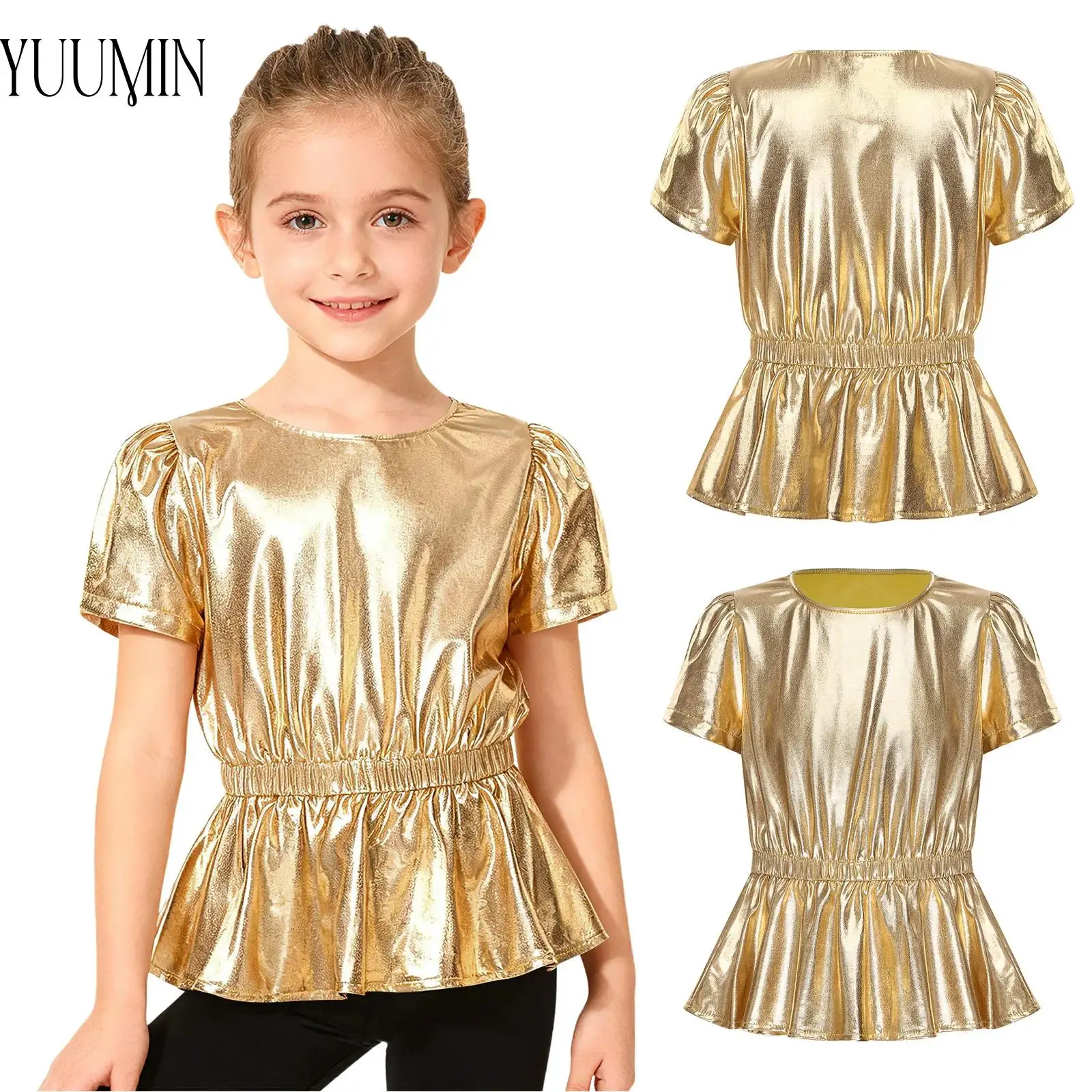 

Детский костюм для уличных танцев в стиле хип-хоп для девочек, топы с металлической баской, футболка с короткими рукавами и эластичной резинкой на талии для выступлений черлидинга