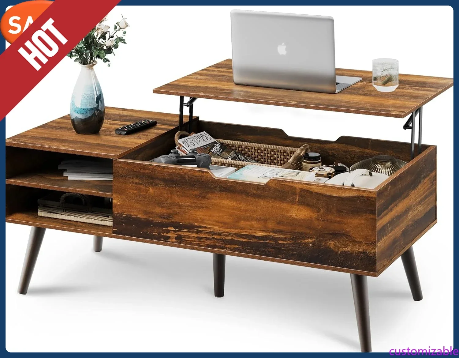 

Customizable Coffee Table, Lift Top Coffee Tables With Adjustable Storage Shelf And Hidden Compartment