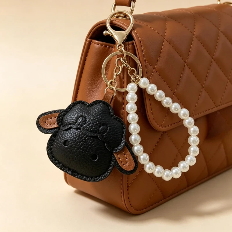 Sheep Pendant Bag Charm Cute Leather Sheep Keychain Pearl Chain Ruffled Edge Fashion Handbag Charm Gift for Women