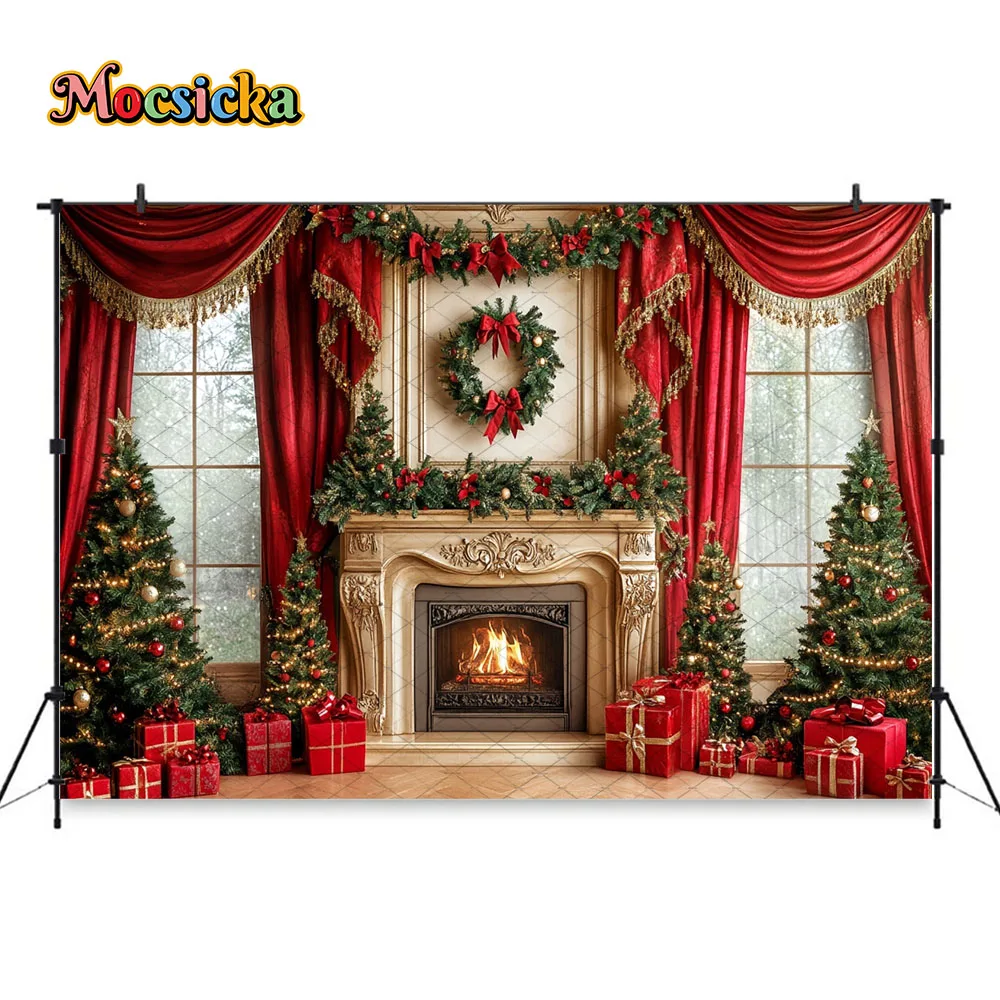 Mocsicka Royal Christmas Fireplace Photography Backdrop Xmas Tree Wreath Gift Room Background New Year Family Kids Photo Studio