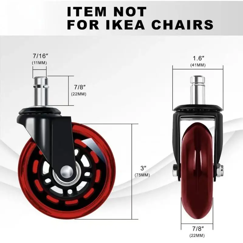 5 Pcs 3-Inch PU Silent Casters Red Gaming Chair Wheels