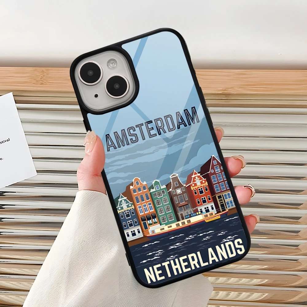 Amsterdam City Poster Phone Case For Iphone 16 Pro 15 Pro Max 14 12 11 13 Mini 8 7 Plus X Xs XR PC+TPU Design Cover