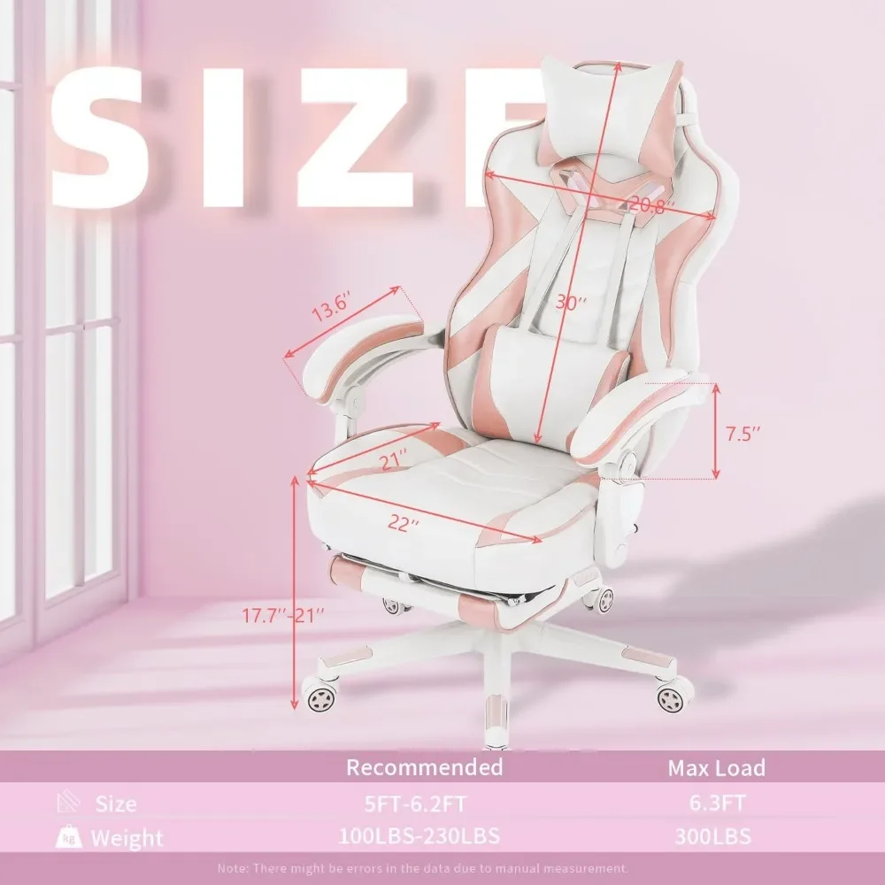 Chaise de jeu pour adultes, chaise d'ordinateur à dossier haut pour filles, chaises de jeu grandes et hautes avec repose-pieds et massage, inclinable