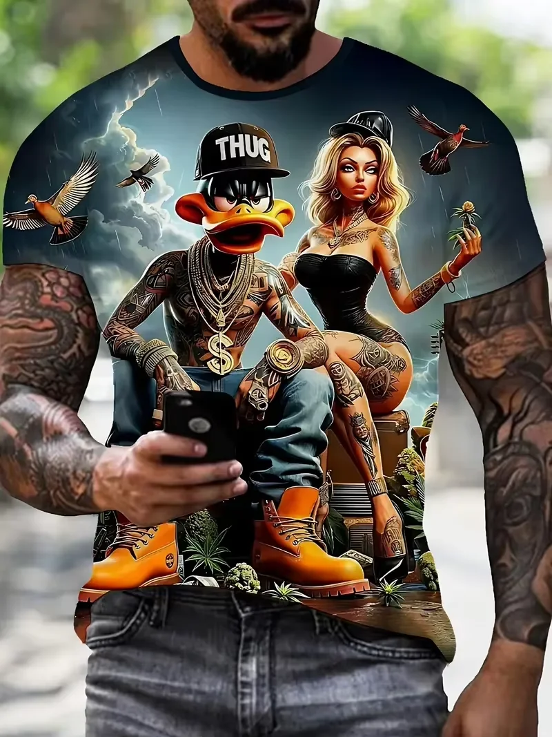 Camiseta divertida con estampado de pato de dibujos animados para hombre, pantalones cortos informales de verano, sudadera, camiseta de moda para actividades al aire libre, ropa de talla grande