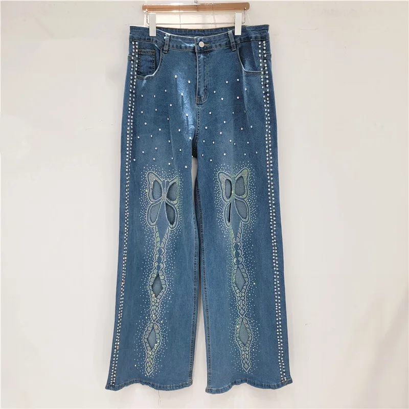 ANJY otoño nuevas mujeres High Street Jeans bordado ahuecado tachonado diamantes versátil Casual elegante pantalones vaqueros de moda A9137
