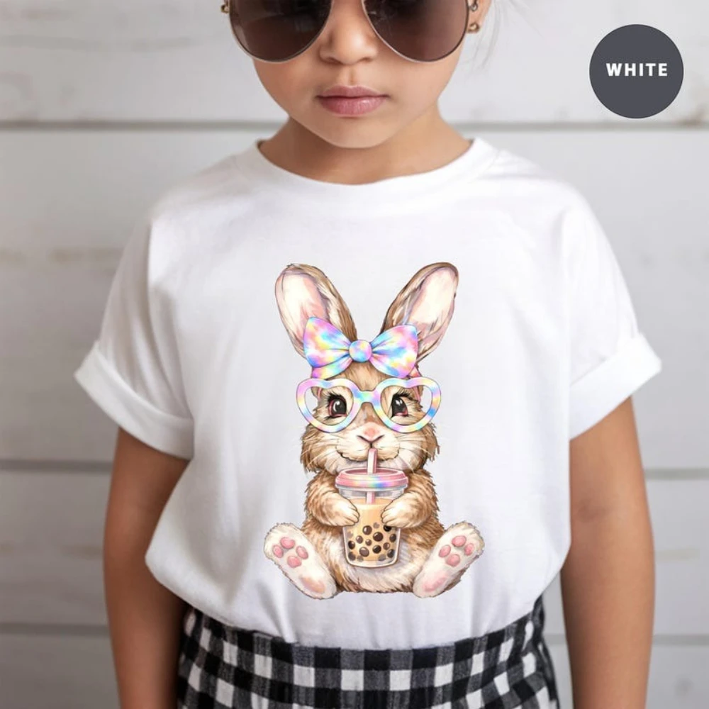 Osterhase Boba Shirt Niedliches Kawaii Kaninchen Bubble Tea T-Shirt Mädchen Osterhase Shirt Modische Kinder Oster-Feiertags-Baumwoll-Tops