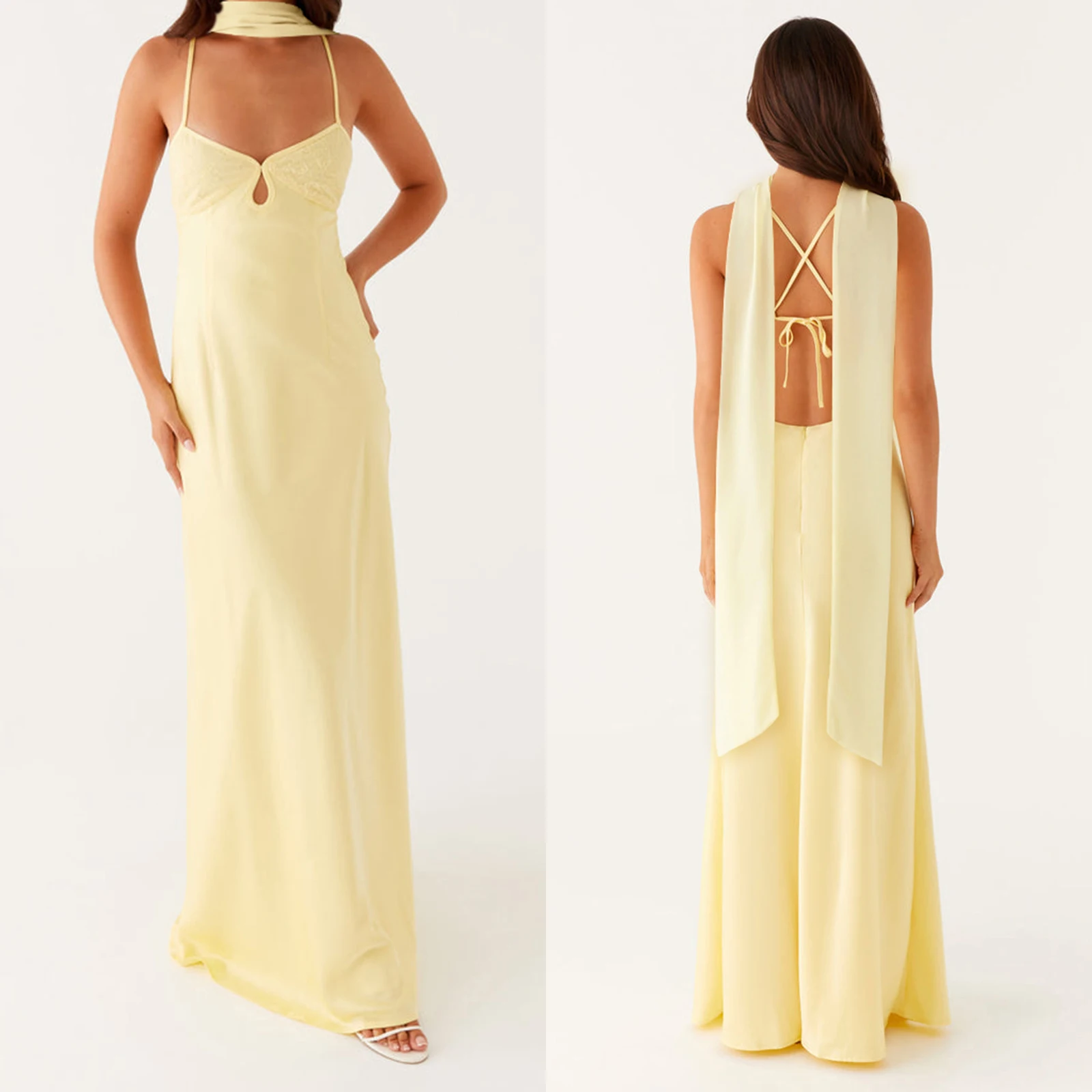 ผู้หญิงชุดยาวสีทึบชุด Cami ฤดูร้อนแฟชั่นแขนกุดชุดสายสปาเก็ตตี้