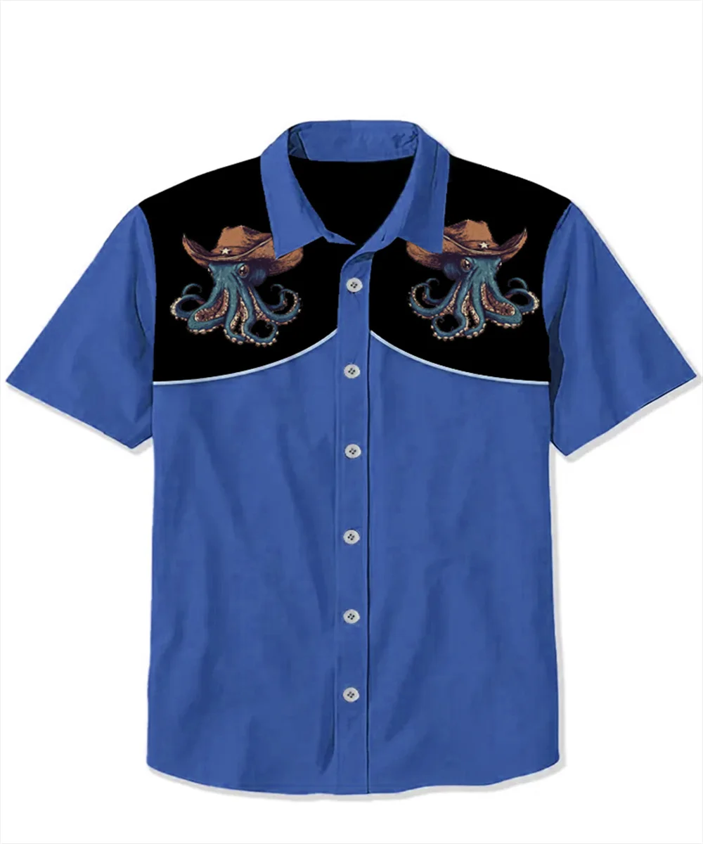 Men's Casual Button Short Sleeve Shirt Printed Octopus Pattern Comfortable Short Sleeve Men's Breathable Lapel Shirt Fashion Top