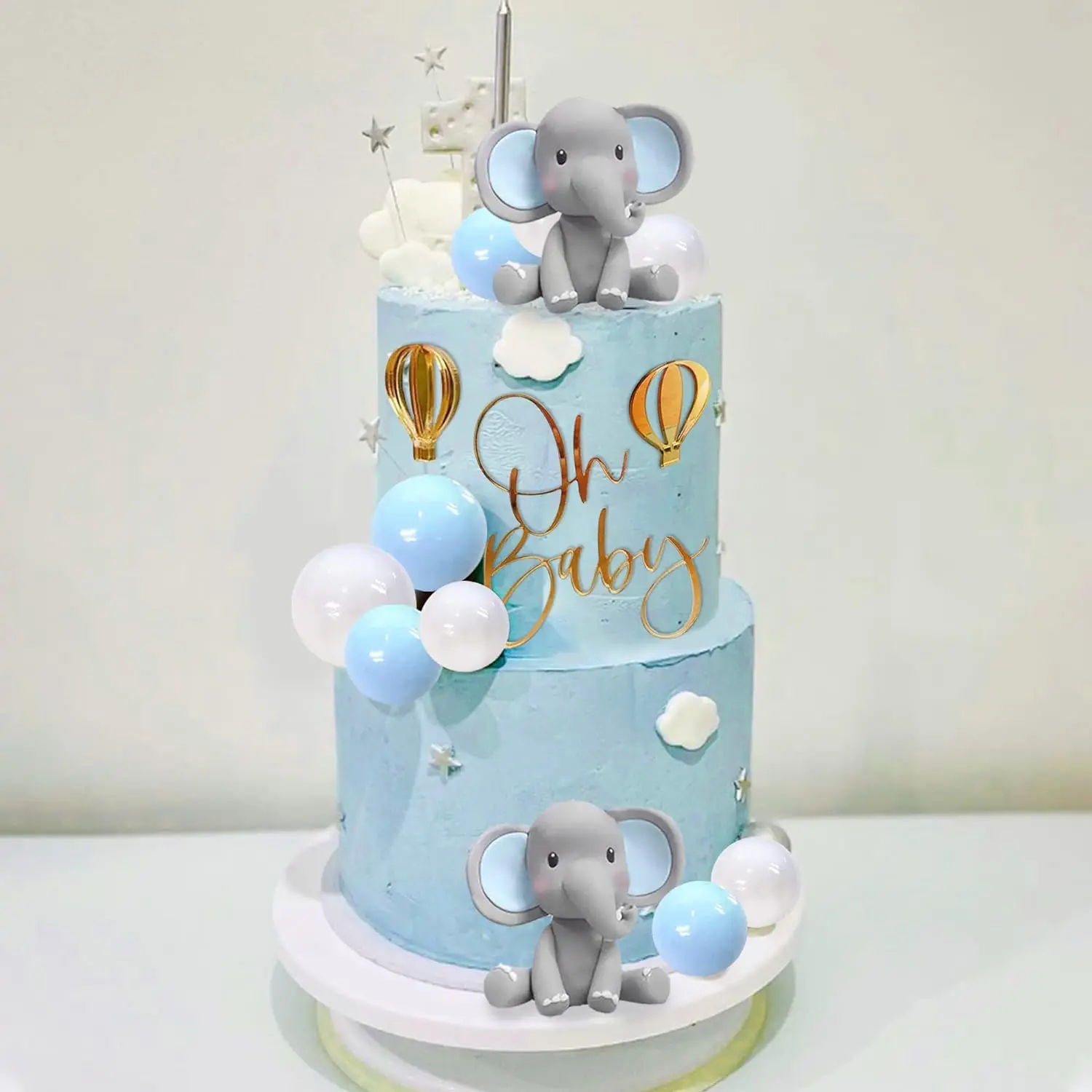 Olifant Taart Decoratie met Oh Baby Cake Topper Parel Ballen Heteluchtballon voor Baby Douche Jongen Olifant Thema Verjaardagsfeestje