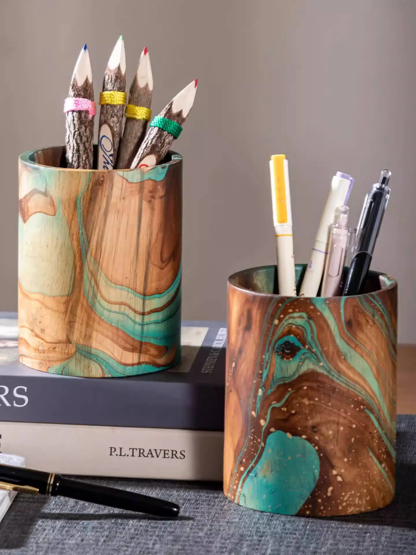 Thai Wooden Pen Holder Slanted Insert Office Desktop Storage Box Creative Simple Large Capacity Solid Wood Pen Insert