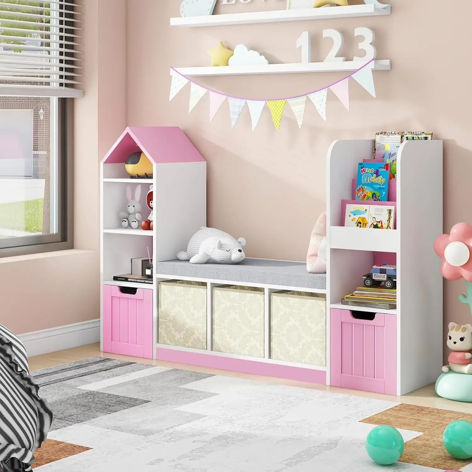 [أفضل بائع، اشترِ الآن! ]خزانة كتب للأطفال مع زاوية للقراءة، ورف كتب للأطفال مع 7 مكعبات تخزين ودرجين متحركين