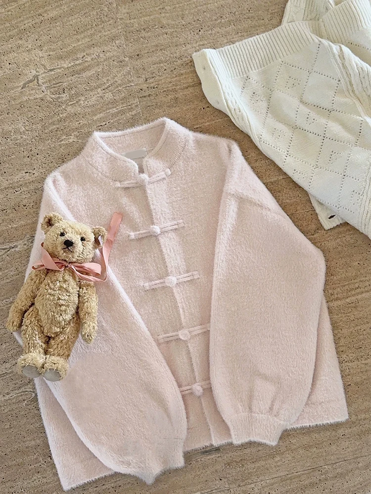 

Fluffy Cardigans Women Autumn 2025 Retro Button Lantern Sleeve Loose Sweaters