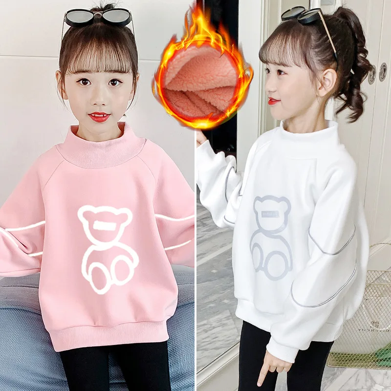 2024 Autumn Winter Children Girl Thick Plus Velvet Sweatshirt School Girl High Collar Warm Pullovers Junior Girl Long Sleeve Top