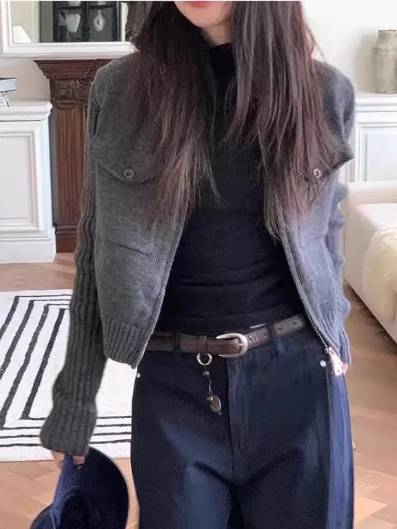 

Женский вязаный свитер с высоким воротником Thiened ort Jaet на молнии, повседневный свободный крой, длинный топ для похудения