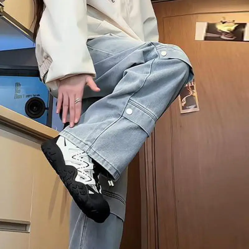 Men's Autumn Washed Denim Jeans Elastic Waist with Drawstring Straight Leg Rivet & Patchwork Design Casual Pants for Streetwear