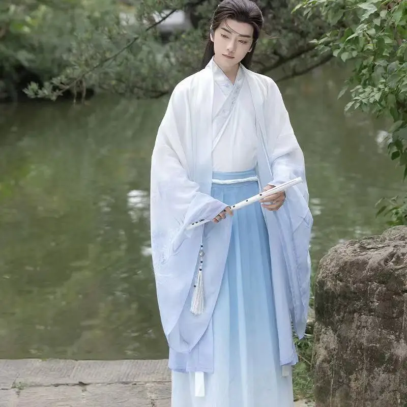 

Ancient Gradient Color Hanfu Chinese Weijin Period Cross Collar Large Sleeve Shirt Men Women Halloween Event Martial CosplaySuit