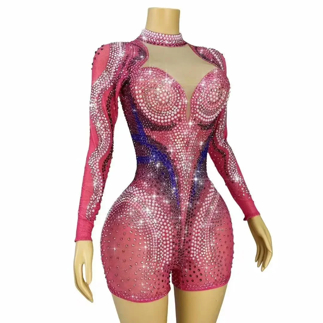 Seksowne błyszczące pełne cyrkonie Specjalne występy sceniczne Różowy trykot Zespół taneczny Impreza Świętuj pokaz Noszycie przezroczystych body