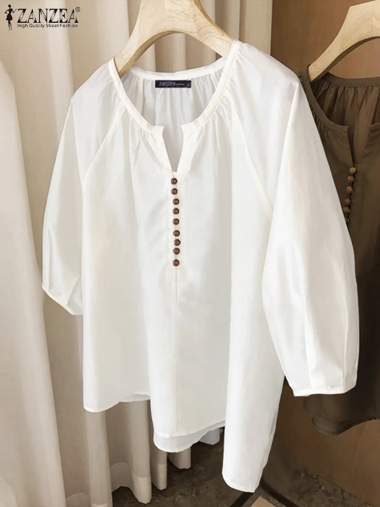 

ZANZEA женские винтажные блузки в сборе, повседневные однотонные топы с v-образным вырезом и рукавами реглан 3/4, женская одежда с декоративными пуговицами 3XL