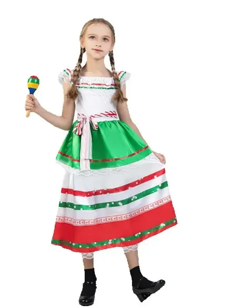 

Cute Girl Carnival Campus Event Costume Struy Animation Children Striped Mexican Ethnic Little Girl Dress Stage Party Skirt 2025