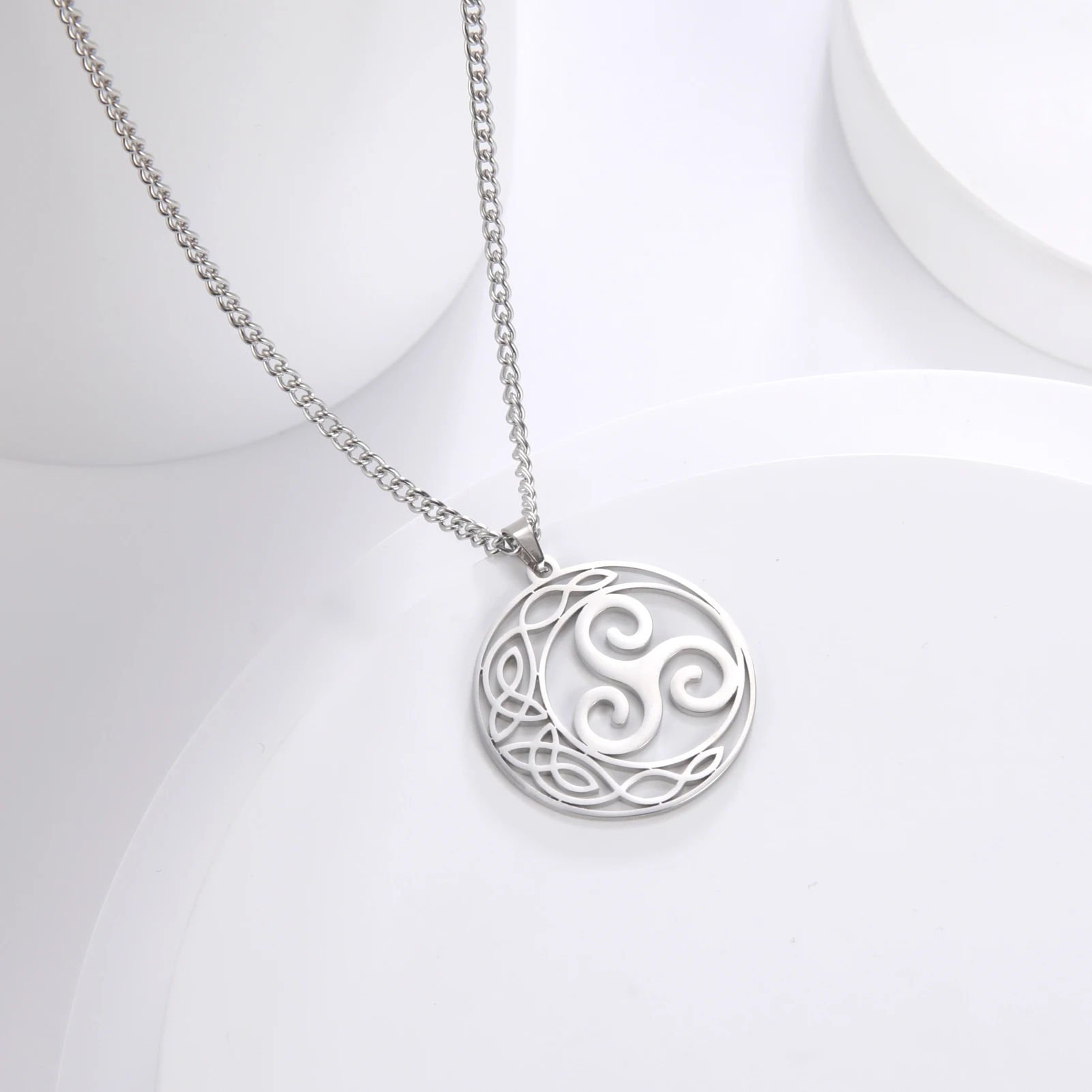 LIKGREAT Viking Celtic Moon Pendant Necklace Crescent Spiral Triskele Triangle Necklace Amulet Stainless Steel Men Women Jewelry