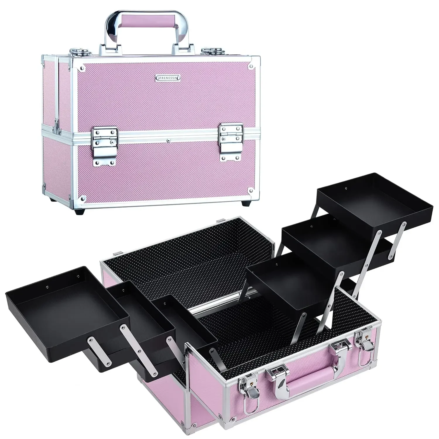 Frenessa Makeup Train Case กล่องเครื่องสําอางแบบพกพาขนาดใหญ่ - ถาด 6 ชั้น Professional Makeup Storage Organizer Box Make Up