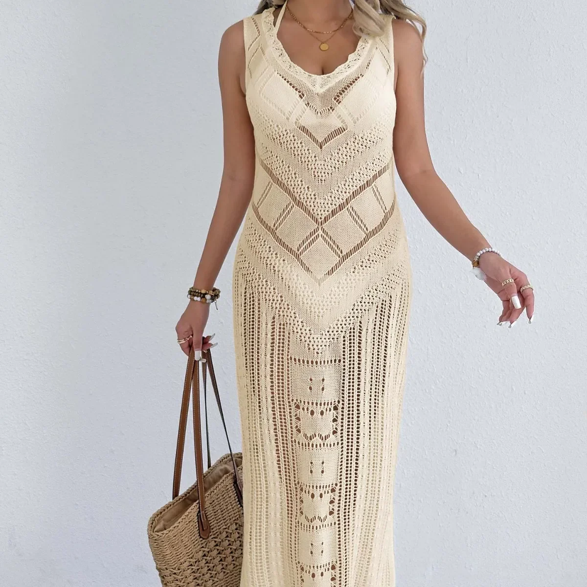 المرأة بيكيني للشاطئ بلوزة مثير جوفاء المنسوجة قميص سترة تنورة مجموعة 2025 موضة جديدة فستان عطلة الملابس #3