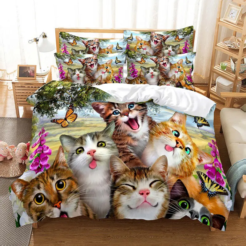 Cat Duvet Cover Set Cute Kitty Theme Bedding Set For Kids Girls 2/3pcs Single Double Queen King Size Comforter Cover Bedclothes