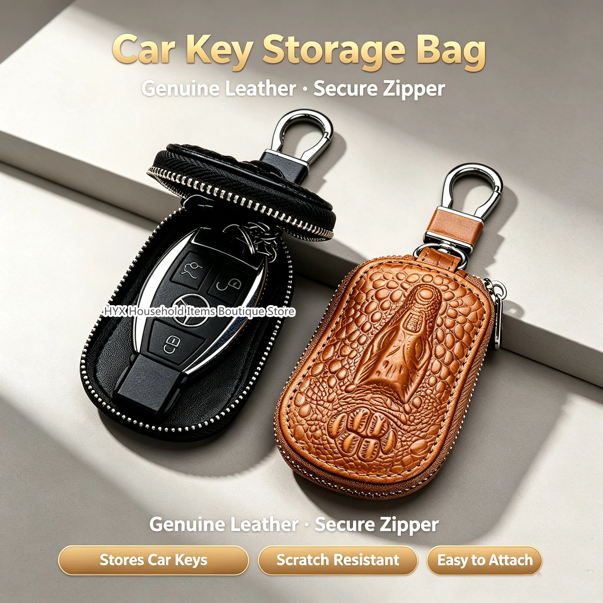 Genuine Cowhide Croc Pattern Car Key Cover Case,Unisex Mini Waist Trailer Zipper Key Pouch with Metal Buckle for Metal Buckle
