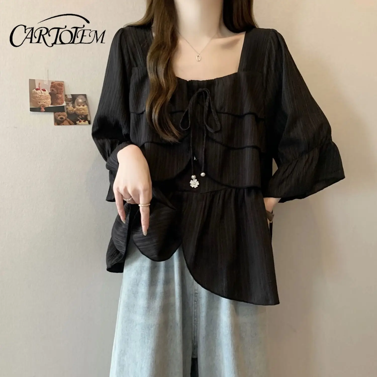 

Square Collar Ruffled Chiffon Top Slim and Short-sleeved Shirt