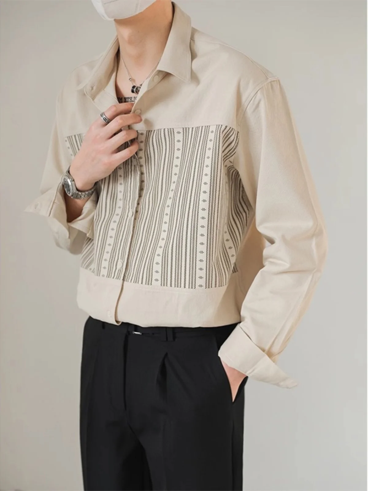 

Spring Autumn Men's Loose Long Sve irt Thin Outerwear Trendy Patchwork Striped irt Stand Fit Regular Thin