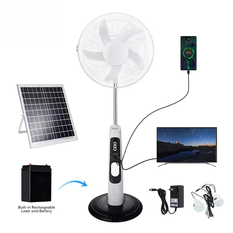 

Rechargeable battery vertical solar fan with light floor fan